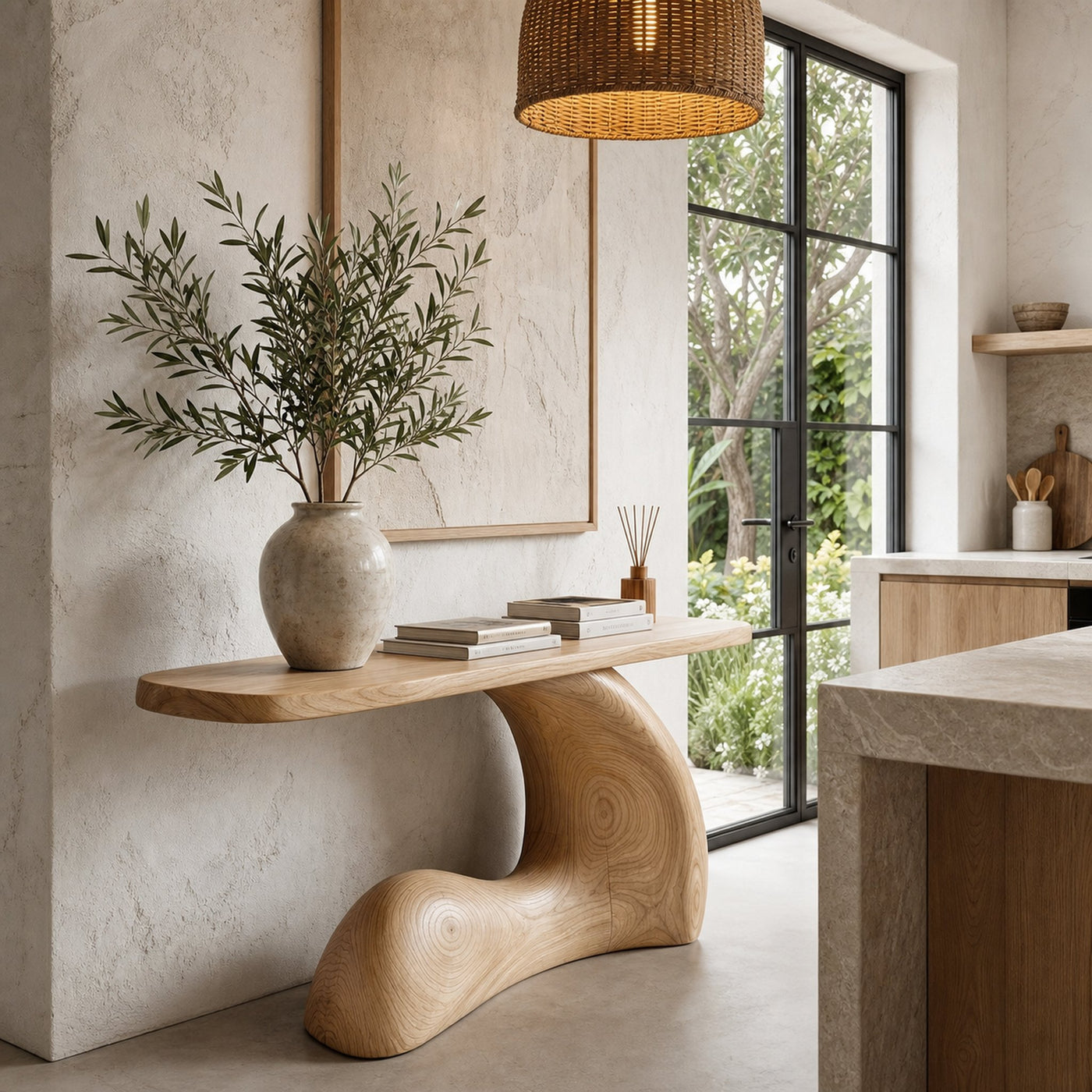 Organic Console Table With Sculptural Curved Wood Base For Entryway And Living Room - product view 5