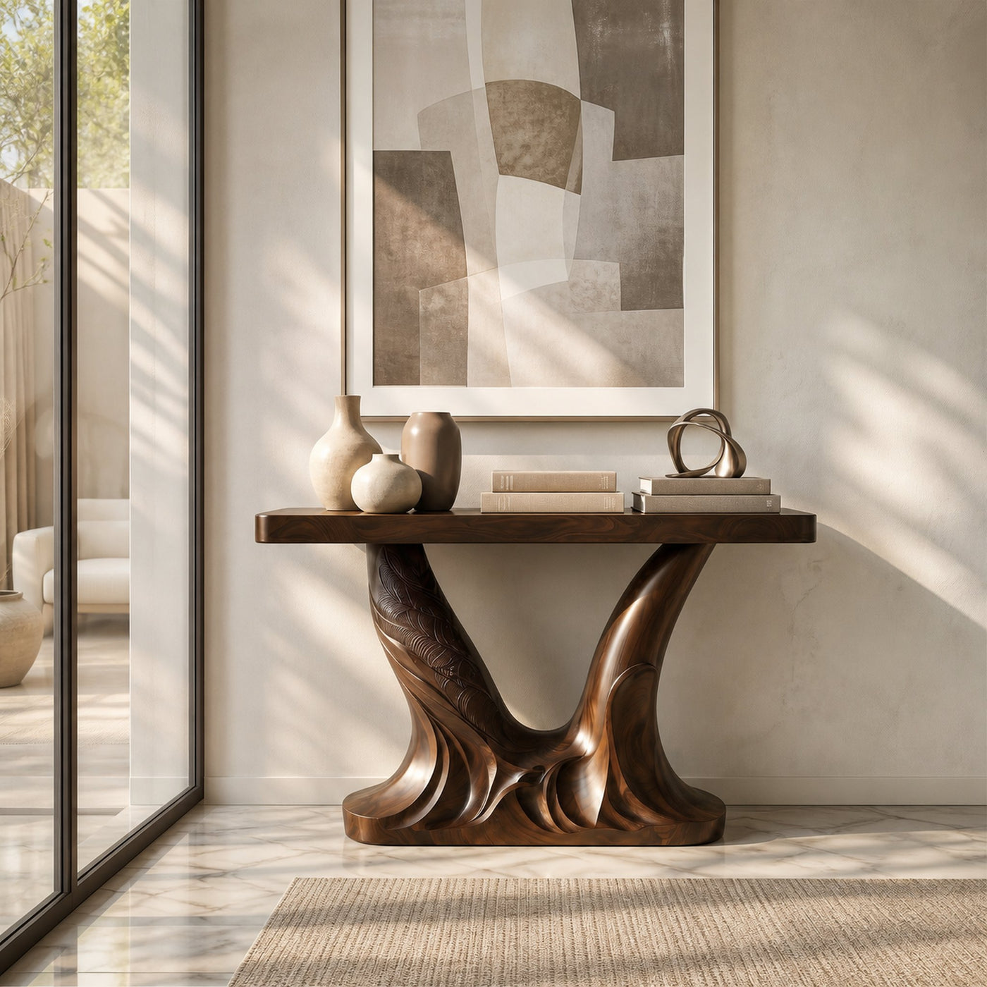Organic Console Table With Sculptural Double Pedestal Base For Entryway