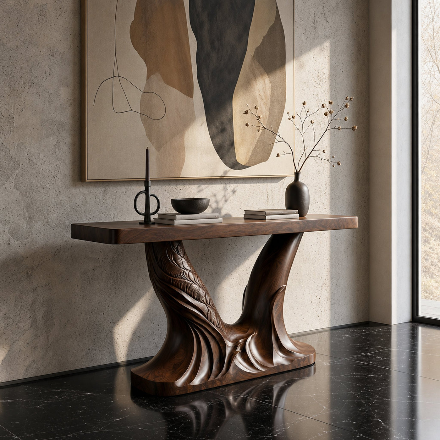 Organic Console Table With Sculptural Double Pedestal Base For Entryway - product view 2