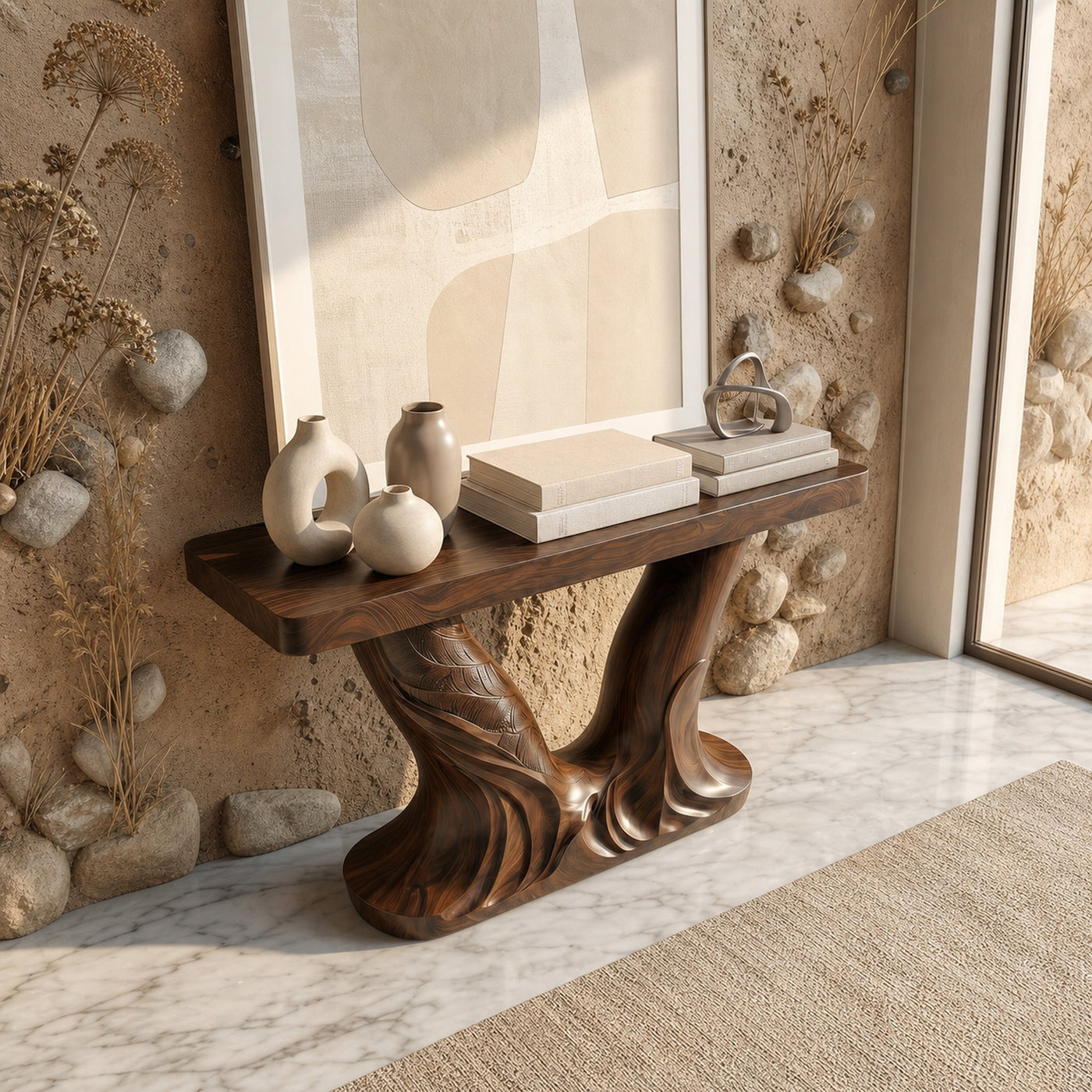 Organic Console Table With Sculptural Double Pedestal Base For Entryway - product view 3