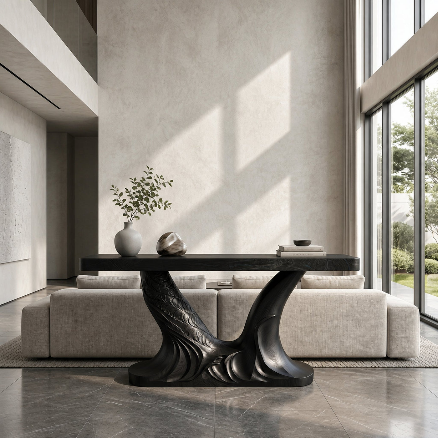 Organic Console Table With Sculptural Double Pedestal Base For Entryway - product view 4