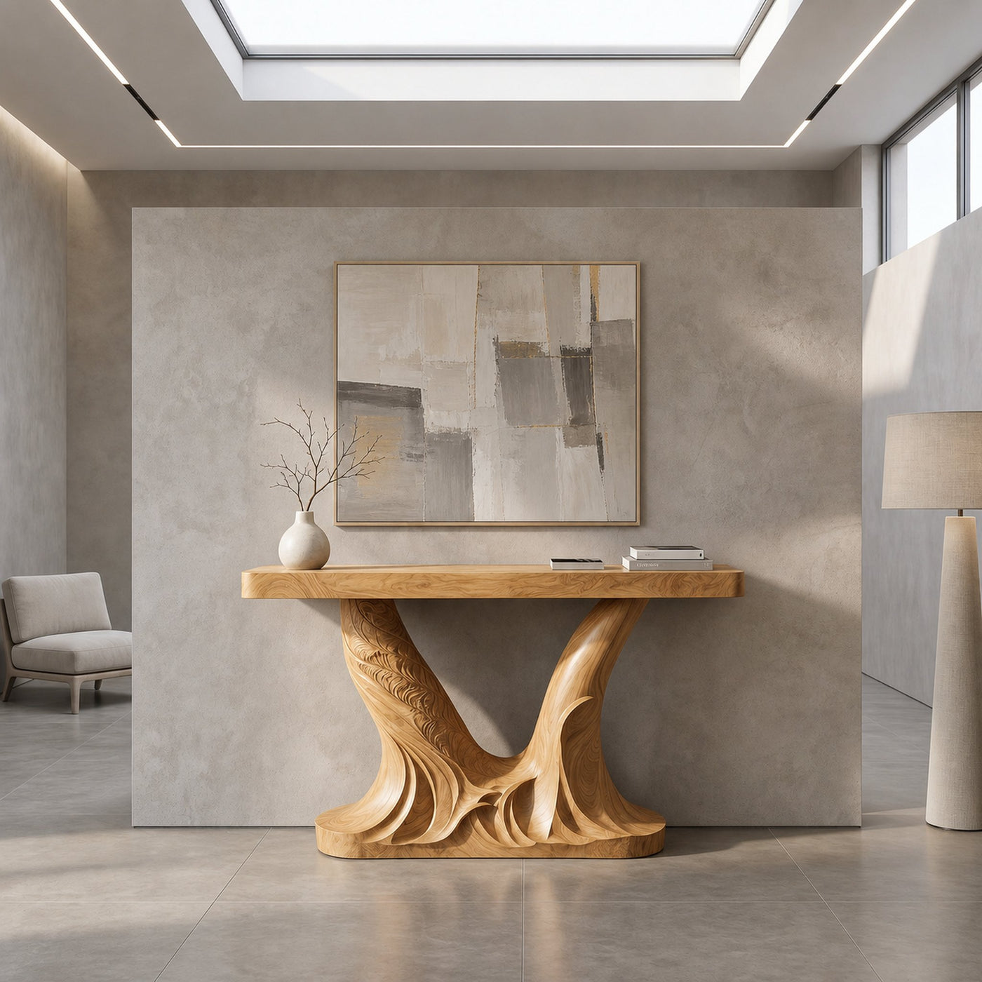 Organic Console Table With Sculptural Double Pedestal Base For Entryway - product view 5