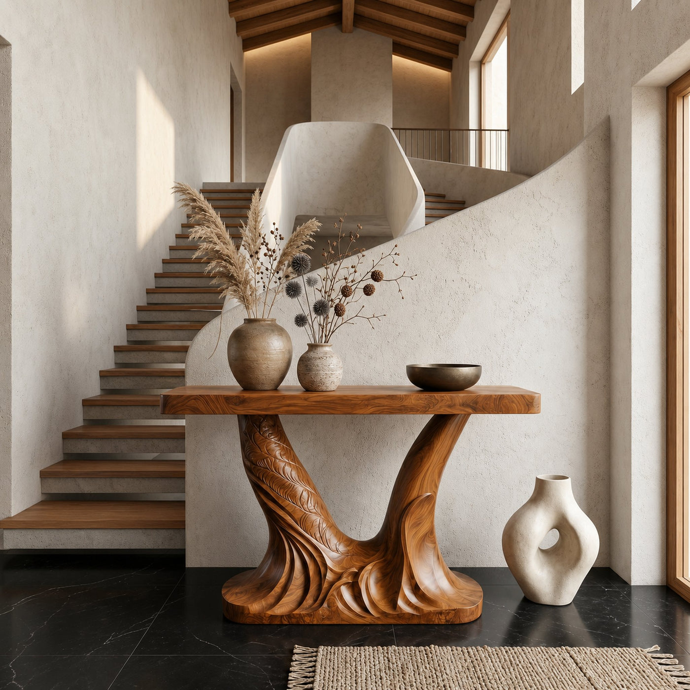 Organic Console Table With Sculptural Double Pedestal Base For Entryway - product view 6