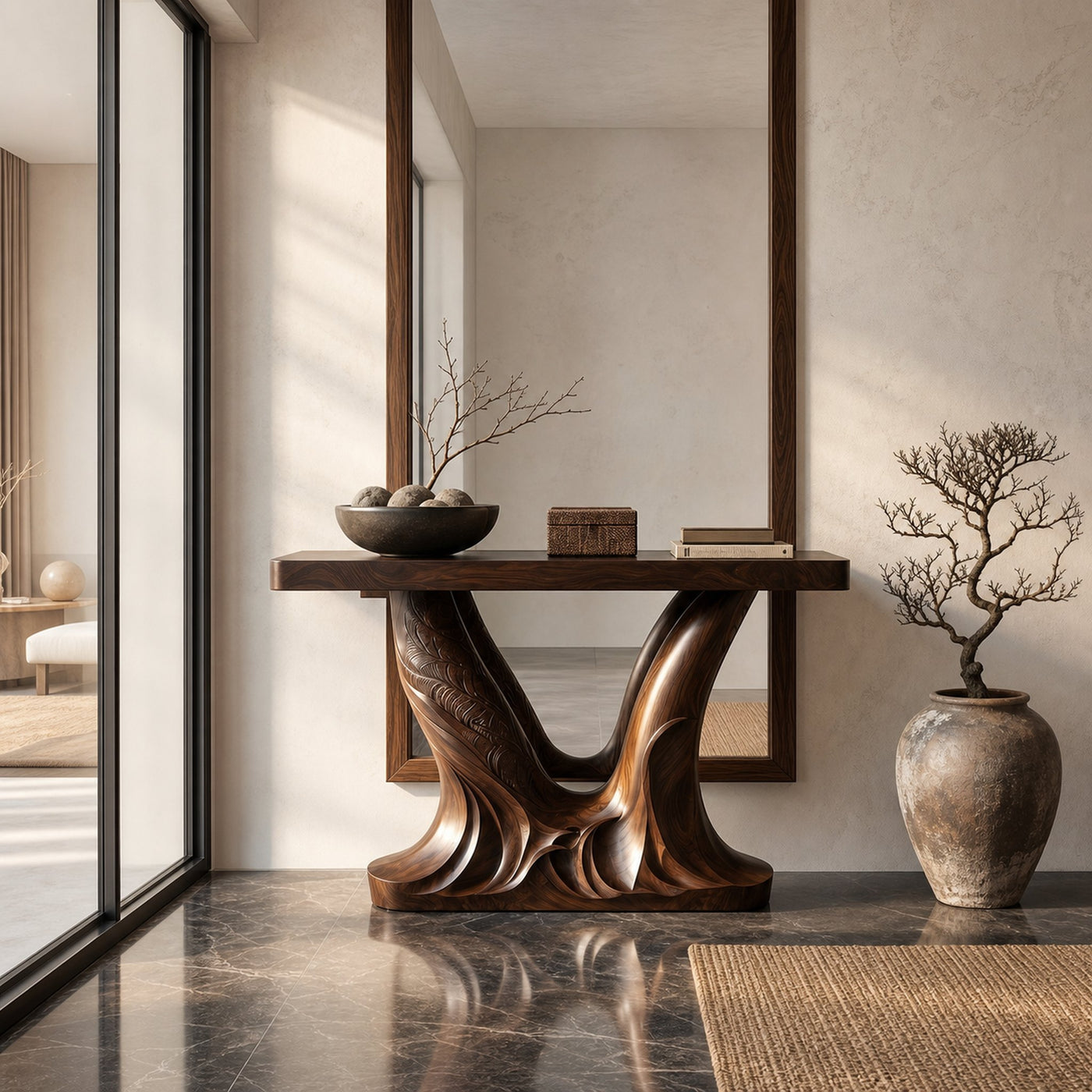 Organic Console Table With Sculptural Double Pedestal Base For Entryway - product view 7
