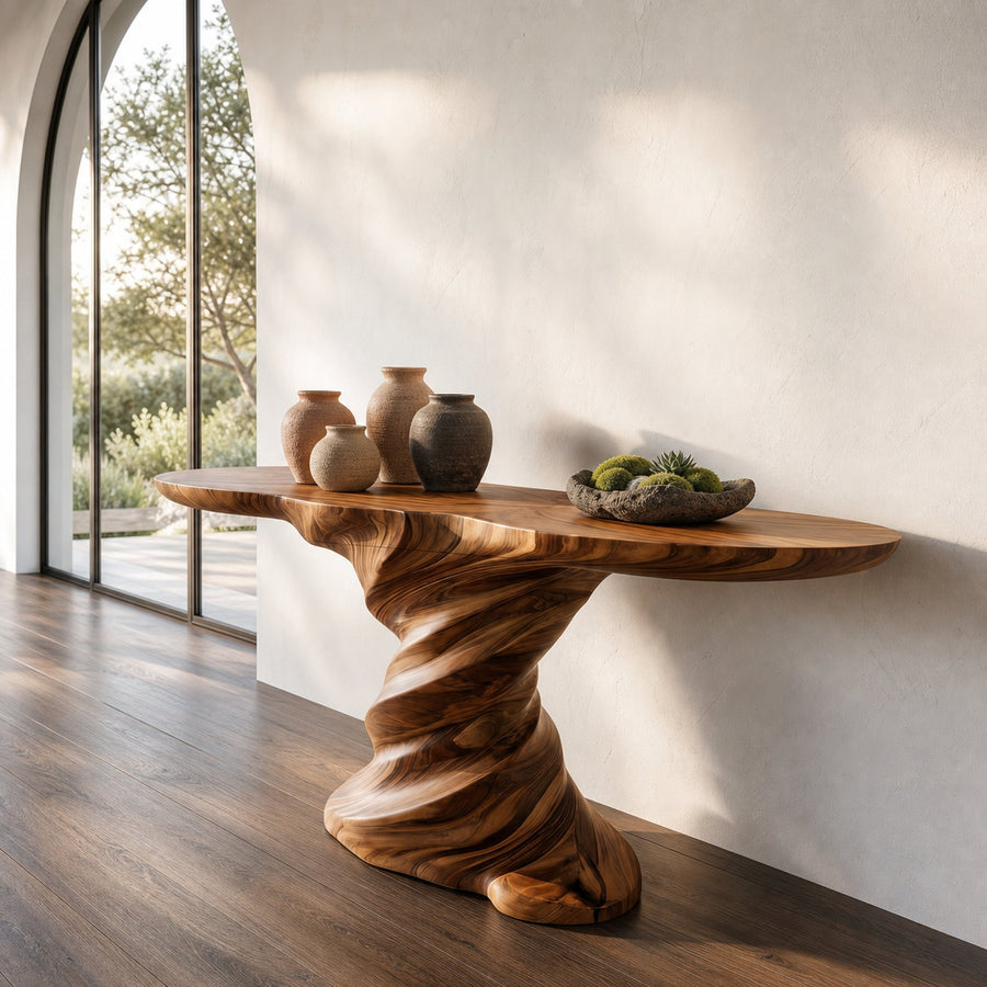 Organic Console Table With Sculptural Helix Base For Entryway