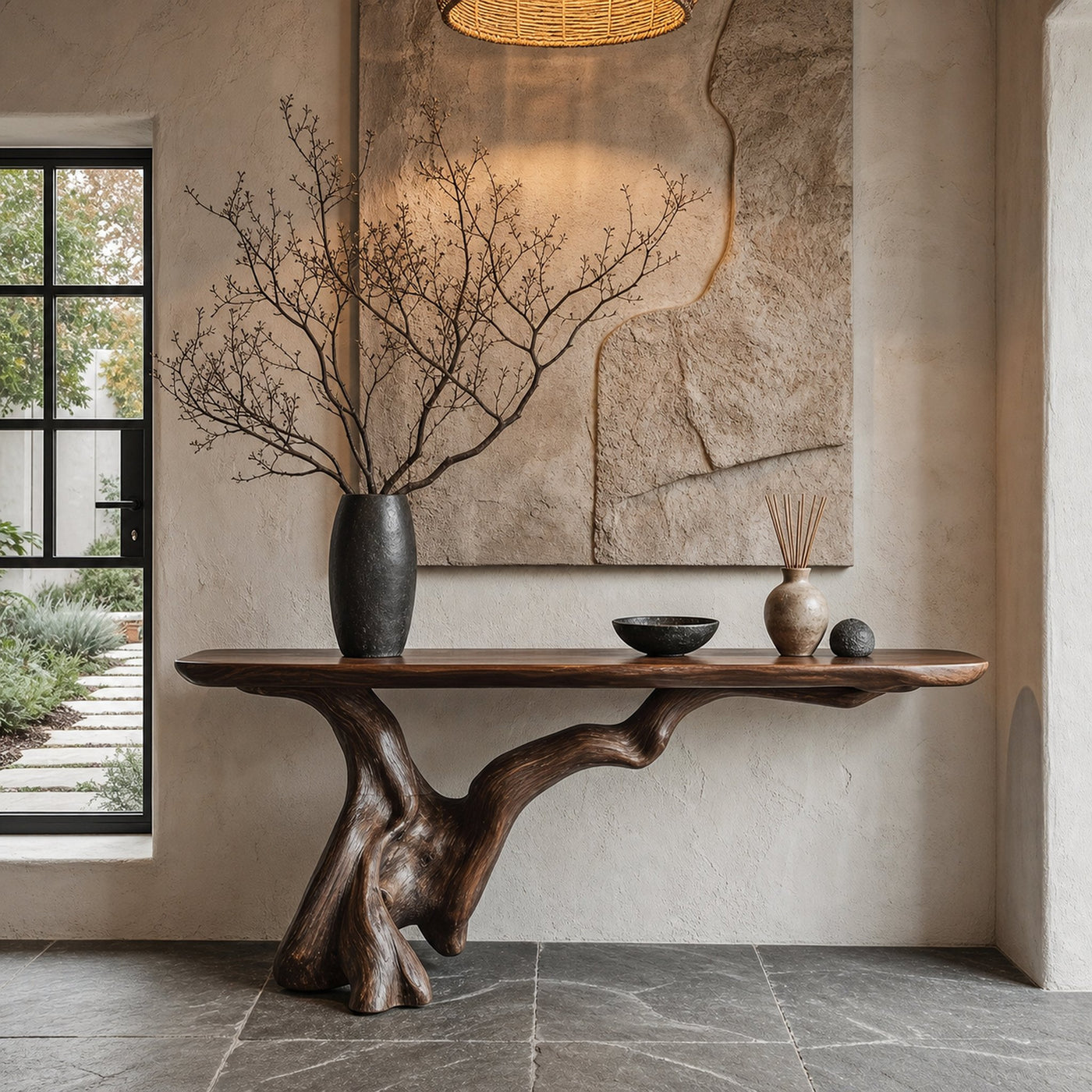 Organic Console Table With Sculptural Open Ring Wood Base For Entryway And Living Room