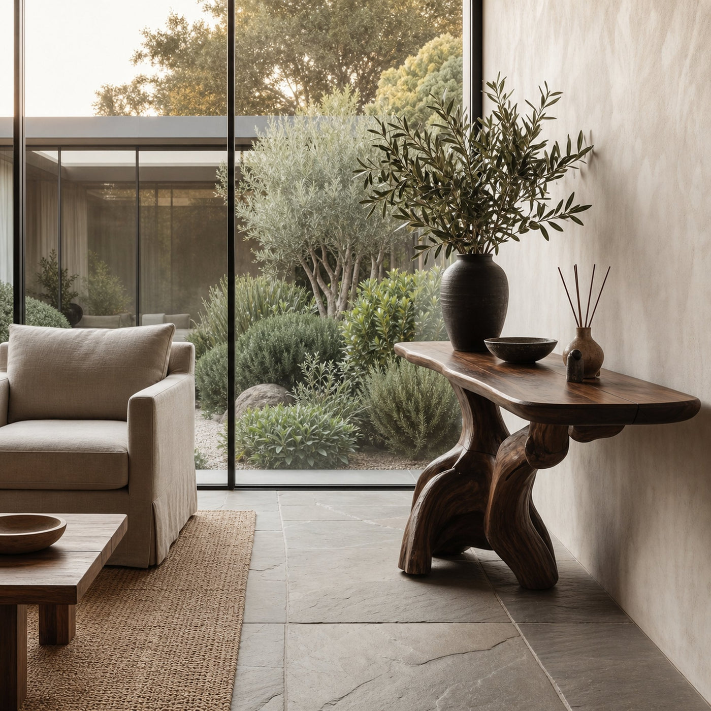 Organic Console Table With Sculptural Open Ring Wood Base For Entryway And Living Room - product view 2