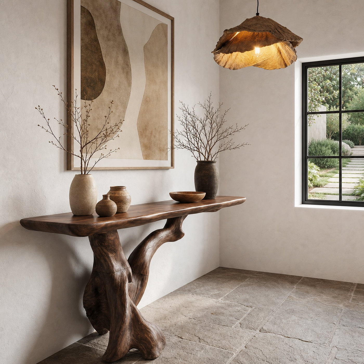 Organic Console Table With Sculptural Open Ring Wood Base For Entryway And Living Room - product view 3