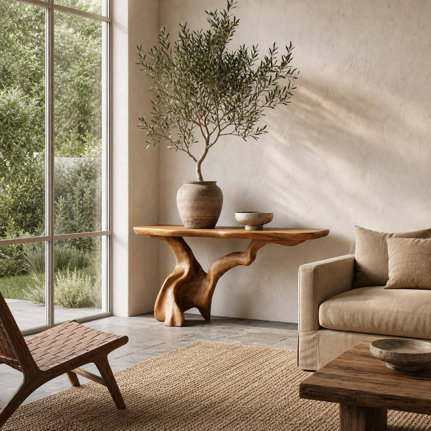 Organic Console Table With Sculptural Open Ring Wood Base For Entryway And Living Room - product view 6