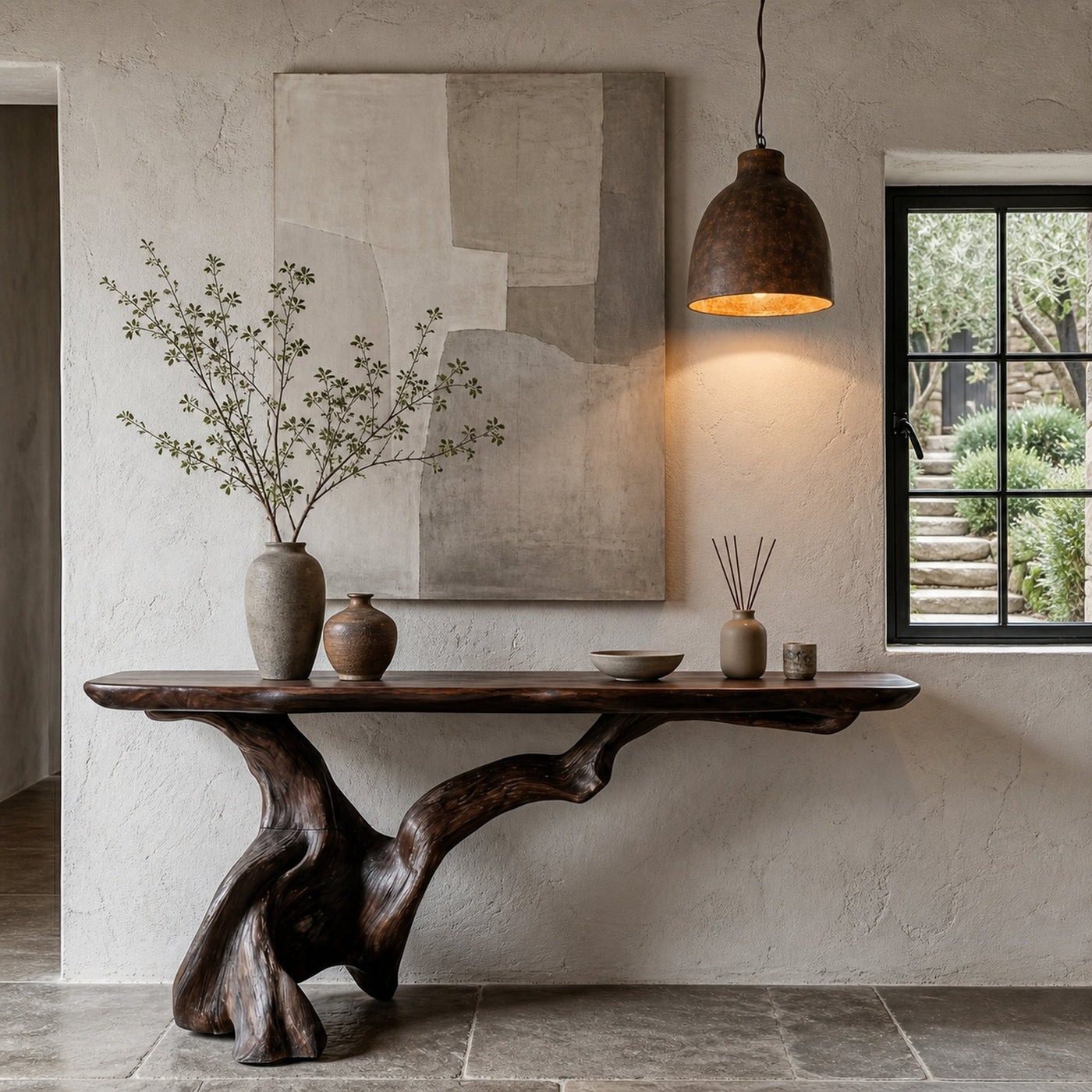 Organic Console Table With Sculptural Open Ring Wood Base For Entryway And Living Room - product view 7