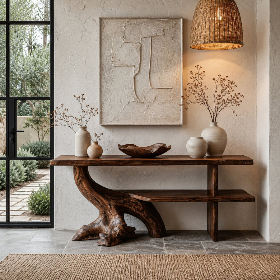 Organic Console Table With Sculptural Tree Branch Base For Entryway And Living Room