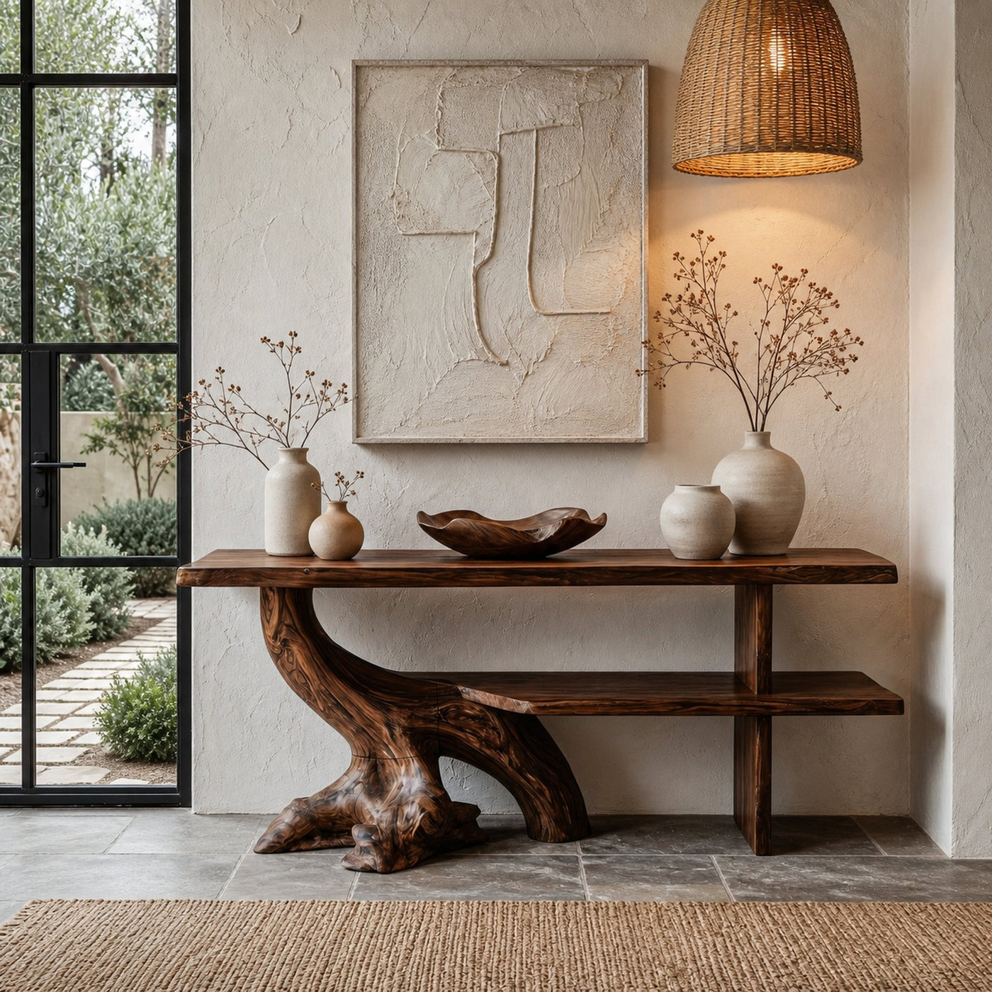 Organic Console Table With Sculptural Tree Branch Base For Entryway And Living Room