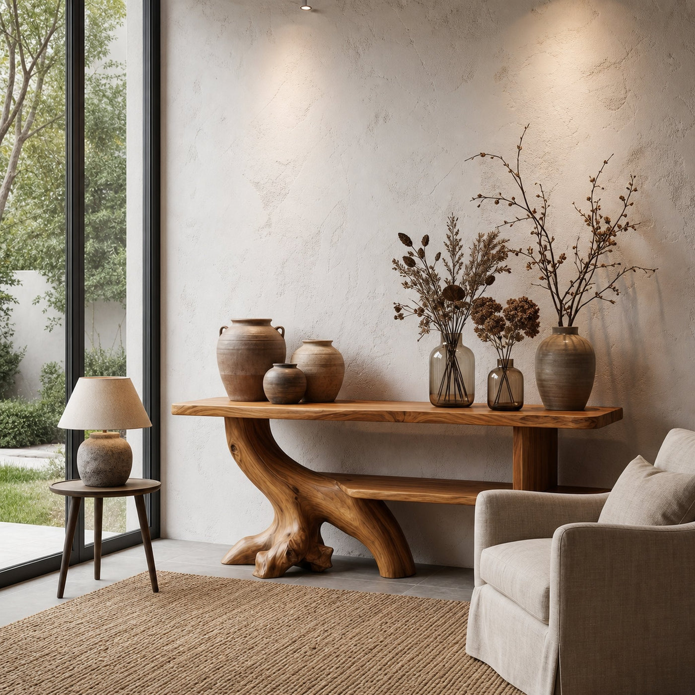 Organic Console Table With Sculptural Tree Branch Base For Entryway And Living Room - product view 6