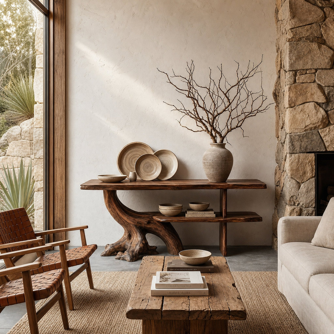 Organic Console Table With Sculptural Tree Branch Base For Entryway And Living Room - product view 7