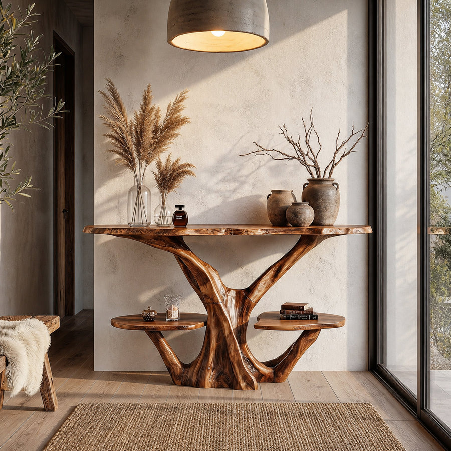 Organic Console Table With Sculptural Tree Branch Base For Entryway And Living Room