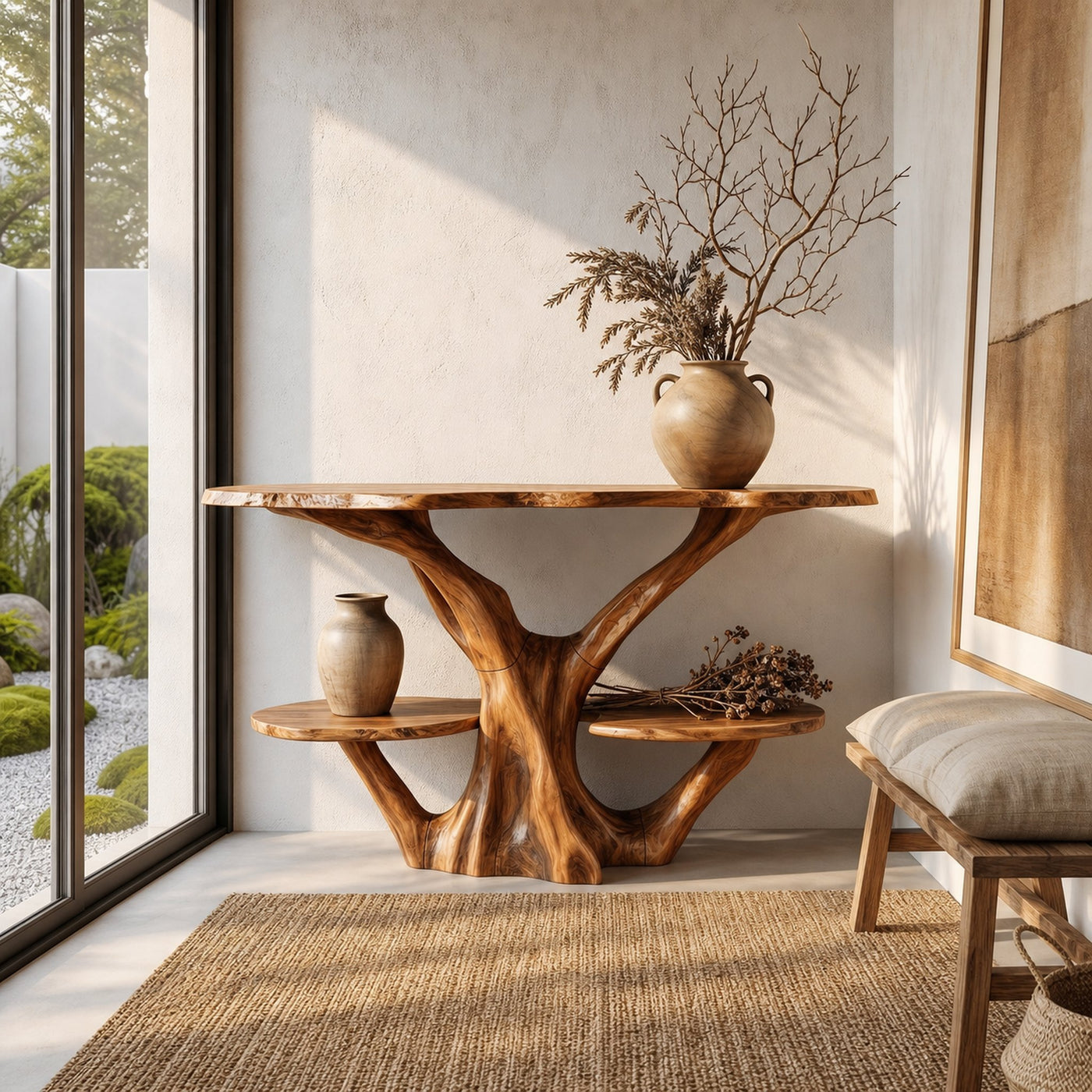 Organic Console Table With Sculptural Tree Branch Base For Entryway And Living Room - product view 6