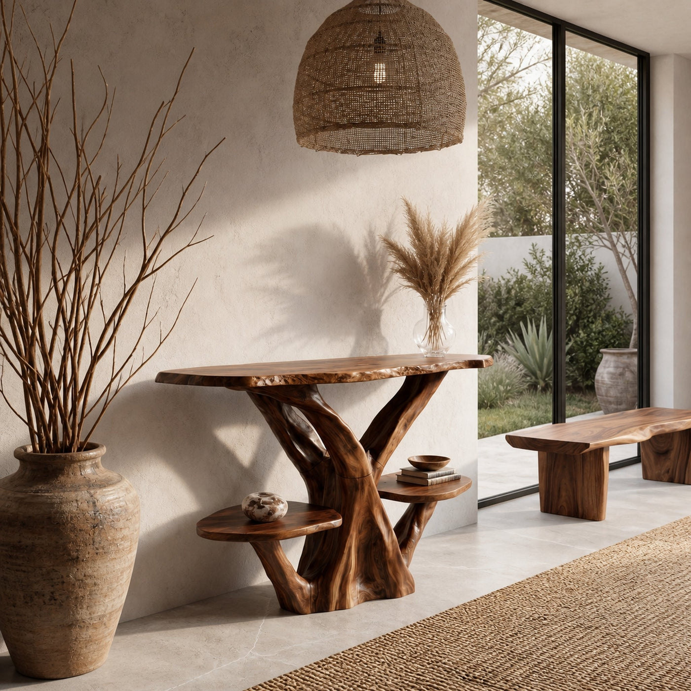 Organic Console Table With Sculptural Tree Branch Base For Entryway And Living Room - product view 7