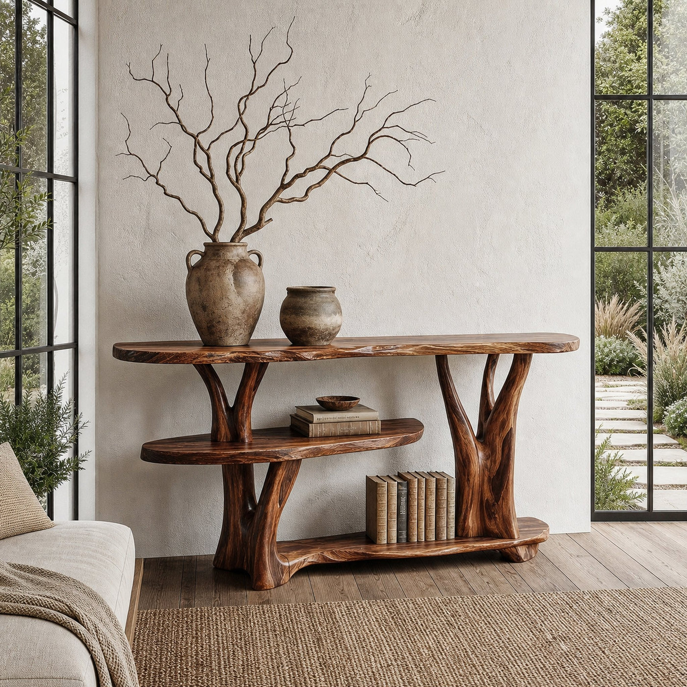 Organic Console Table With Sculptural Tree Root Base And Open Shelf Storage For Entryway And Living Room