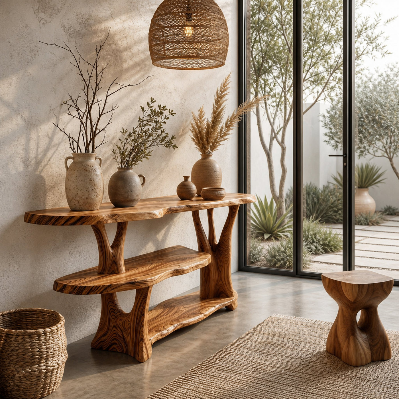 Organic Console Table With Sculptural Tree Root Base And Open Shelf Storage For Entryway And Living Room - product view 6
