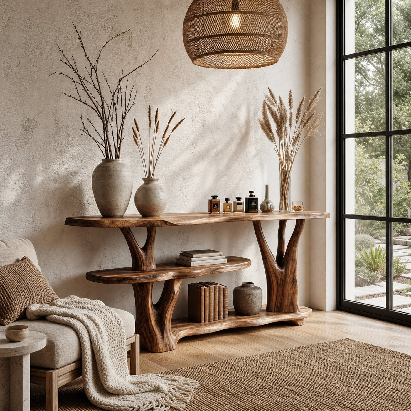 Organic Console Table With Sculptural Tree Root Base And Open Shelf Storage For Entryway And Living Room - product view 7