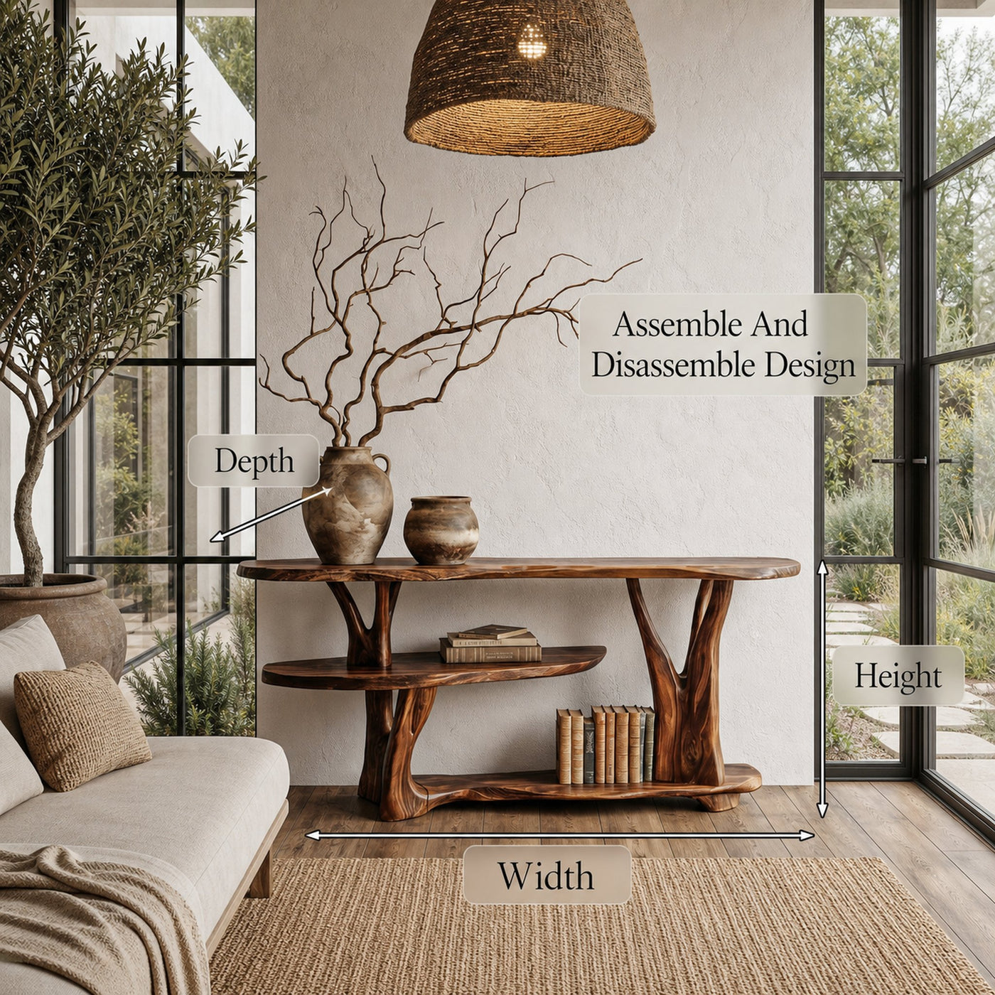 Organic Console Table With Sculptural Tree Root Base And Open Shelf Storage For Entryway And Living Room - product view 8