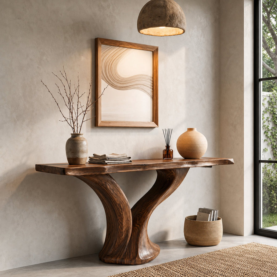 Organic Console Table With Sculptural Twin Curved Base For Entryway And Living Room