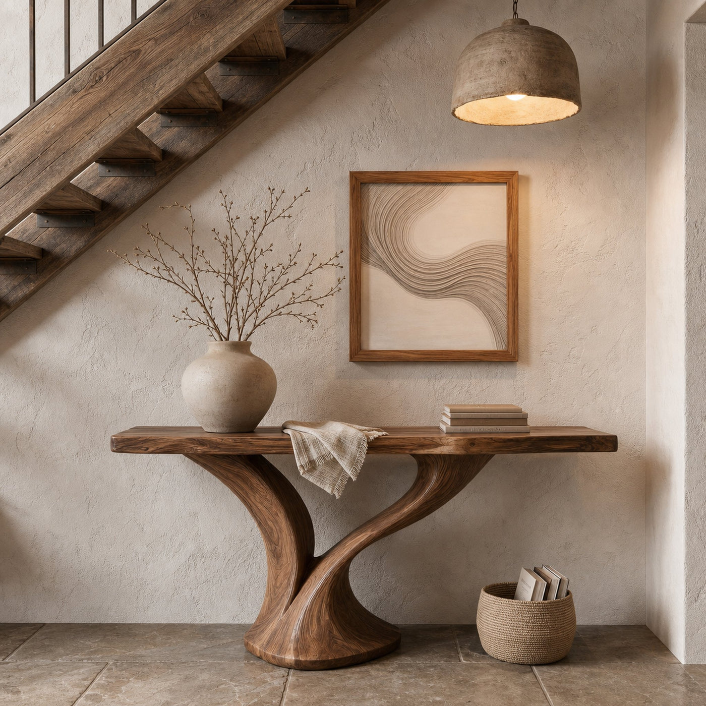 Organic Console Table With Sculptural Twin Curved Base For Entryway And Living Room - product view 6