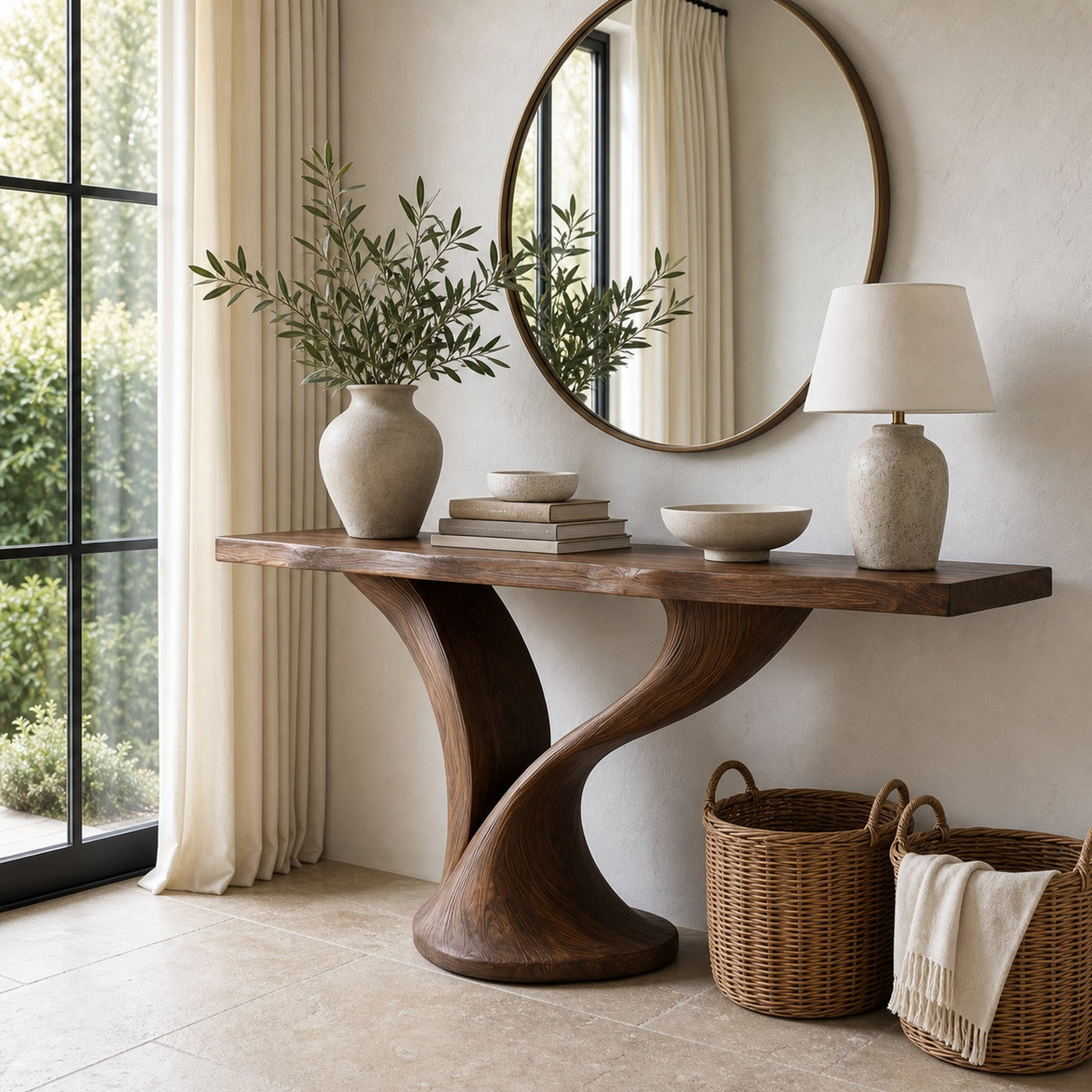 Organic Console Table With Sculptural Twin Curved Base For Entryway And Living Room - product view 7