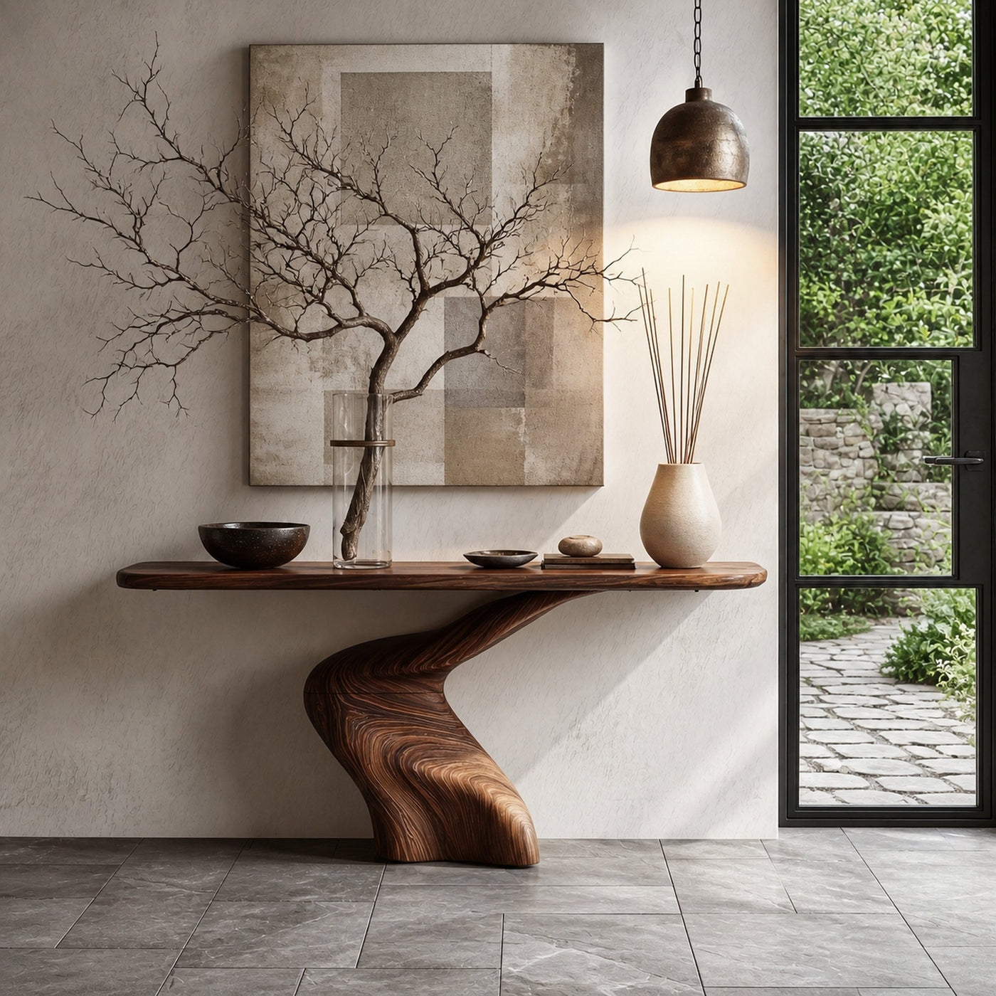 Organic Console Table With Sculptural Twisted Solid Wood Base For Entryway And Living Room