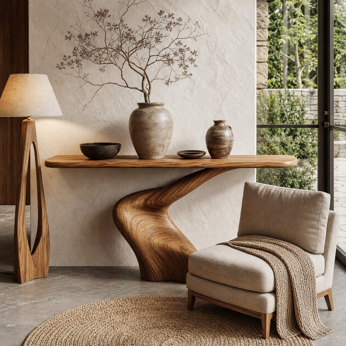 Organic Console Table With Sculptural Twisted Solid Wood Base For Entryway And Living Room - product view 6