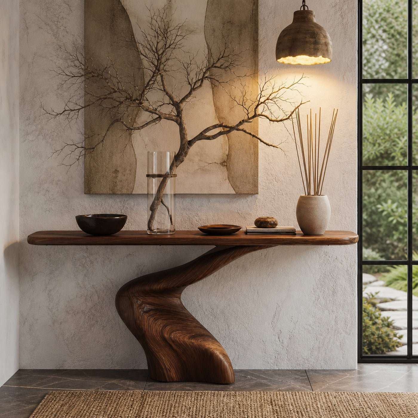 Organic Console Table With Sculptural Twisted Solid Wood Base For Entryway And Living Room - product view 7