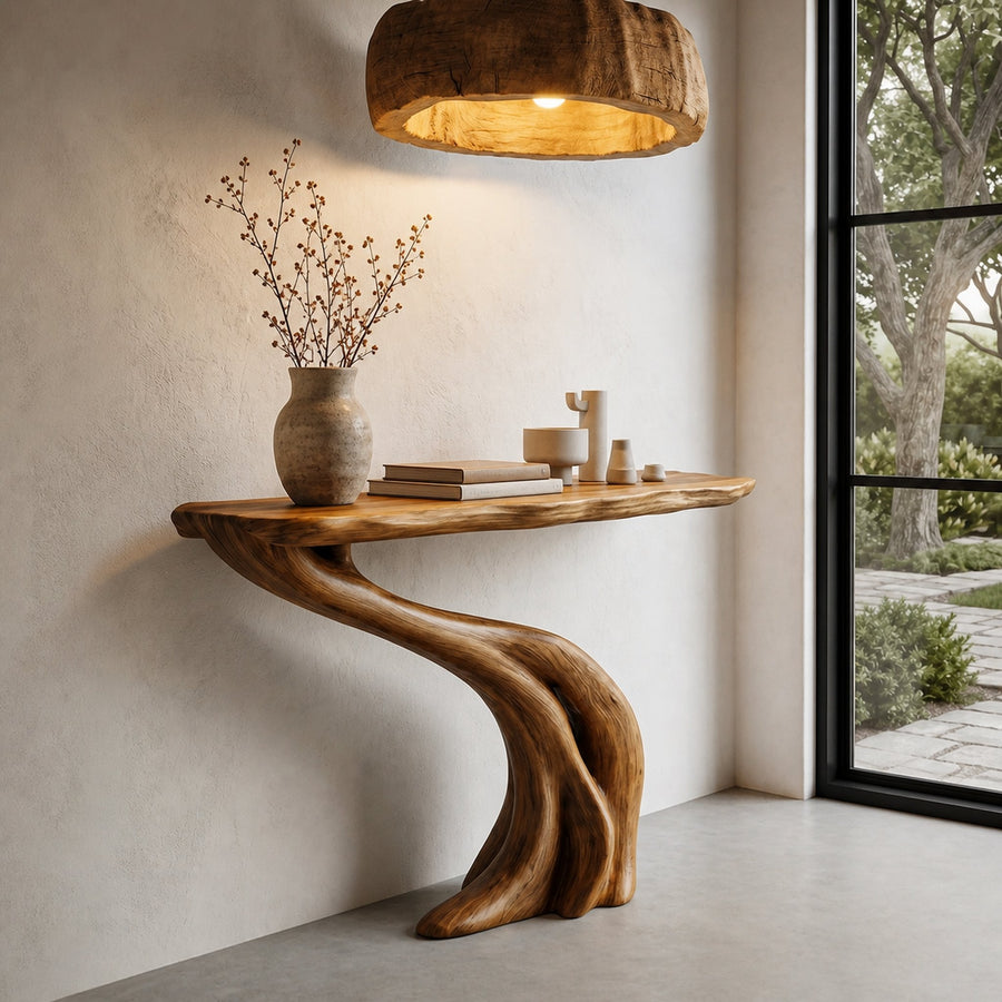 Organic Curved Console Table With Soft Flowing Wood Base For Entryway And Living Room