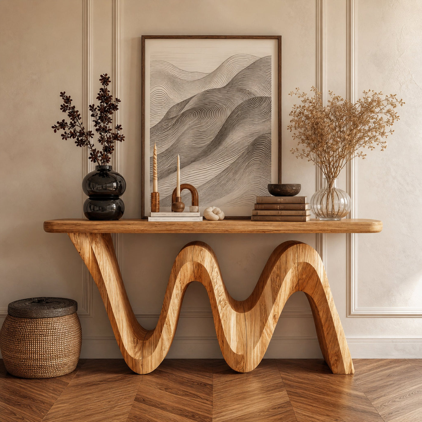 Organic Flow Console Table Solid Wood Sculptural Wave Base Entryway Or Hallway