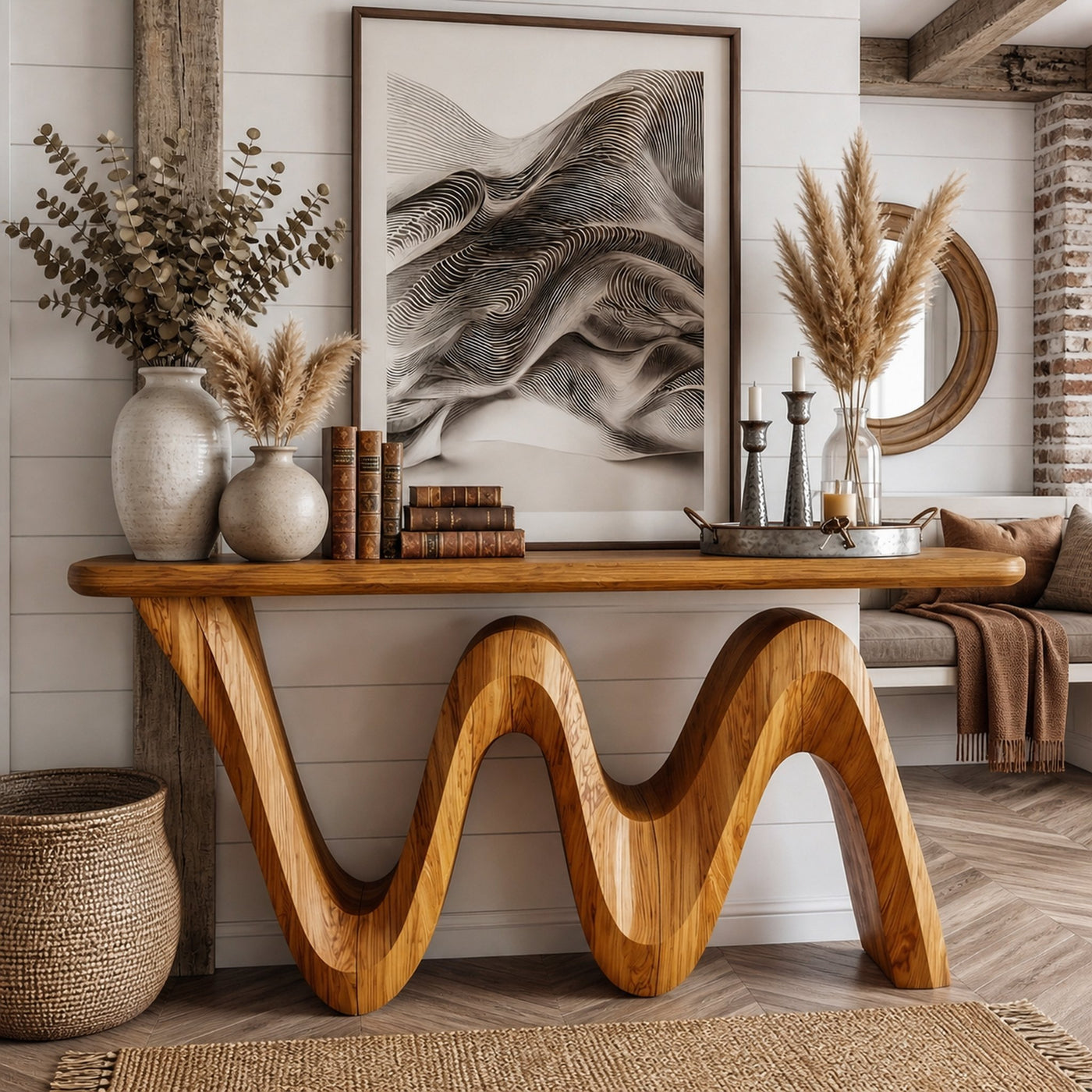 Organic Flow Console Table Solid Wood Sculptural Wave Base Entryway Or Hallway - product view 6