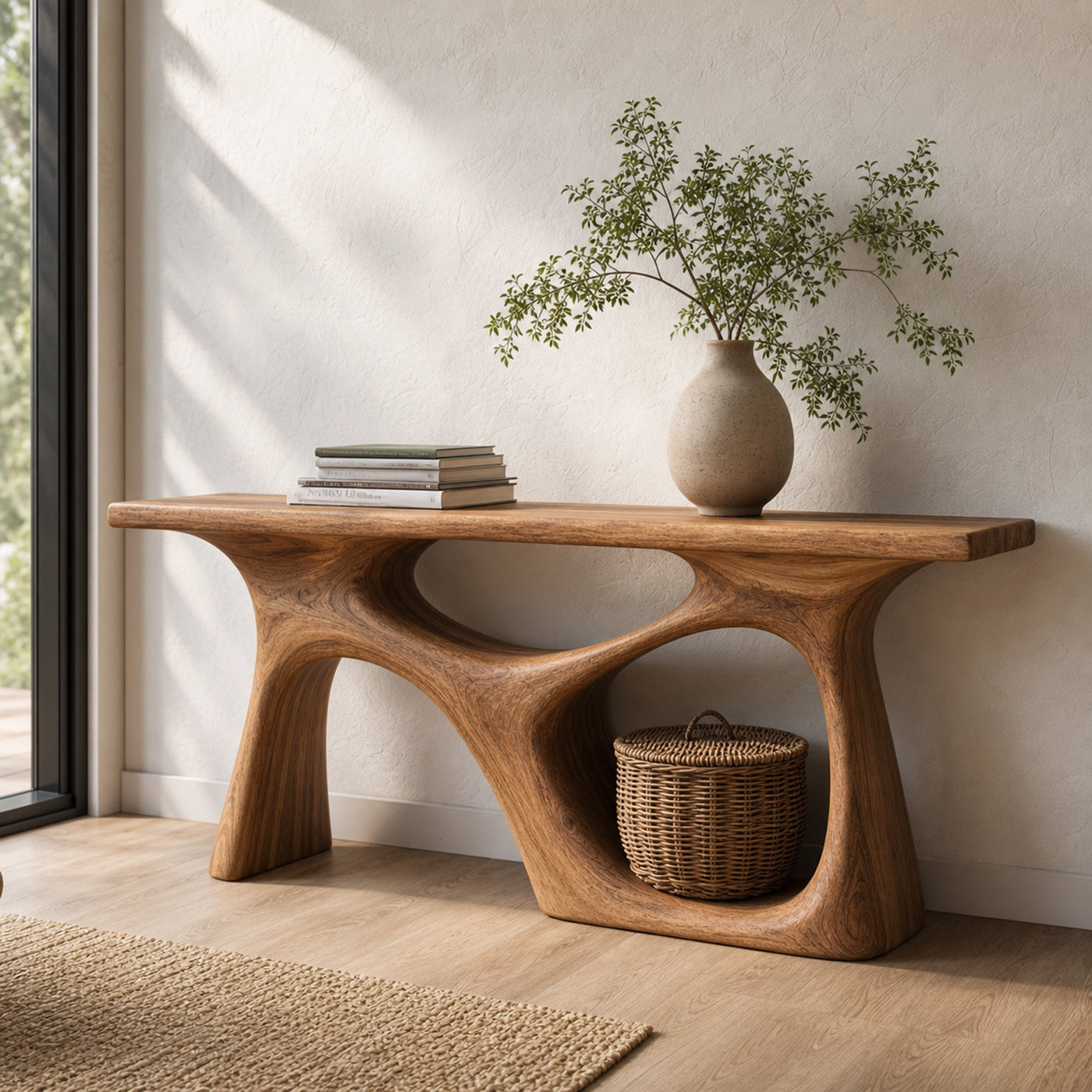 Organic Modern Console Table Sculptural Design For Japandi Interior