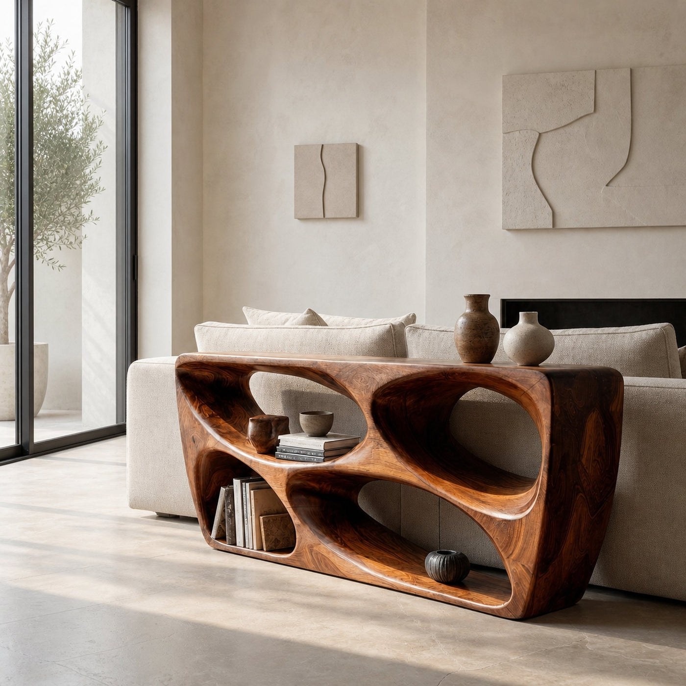 Organic Natural Wood Console Table For Behind Sofa Area