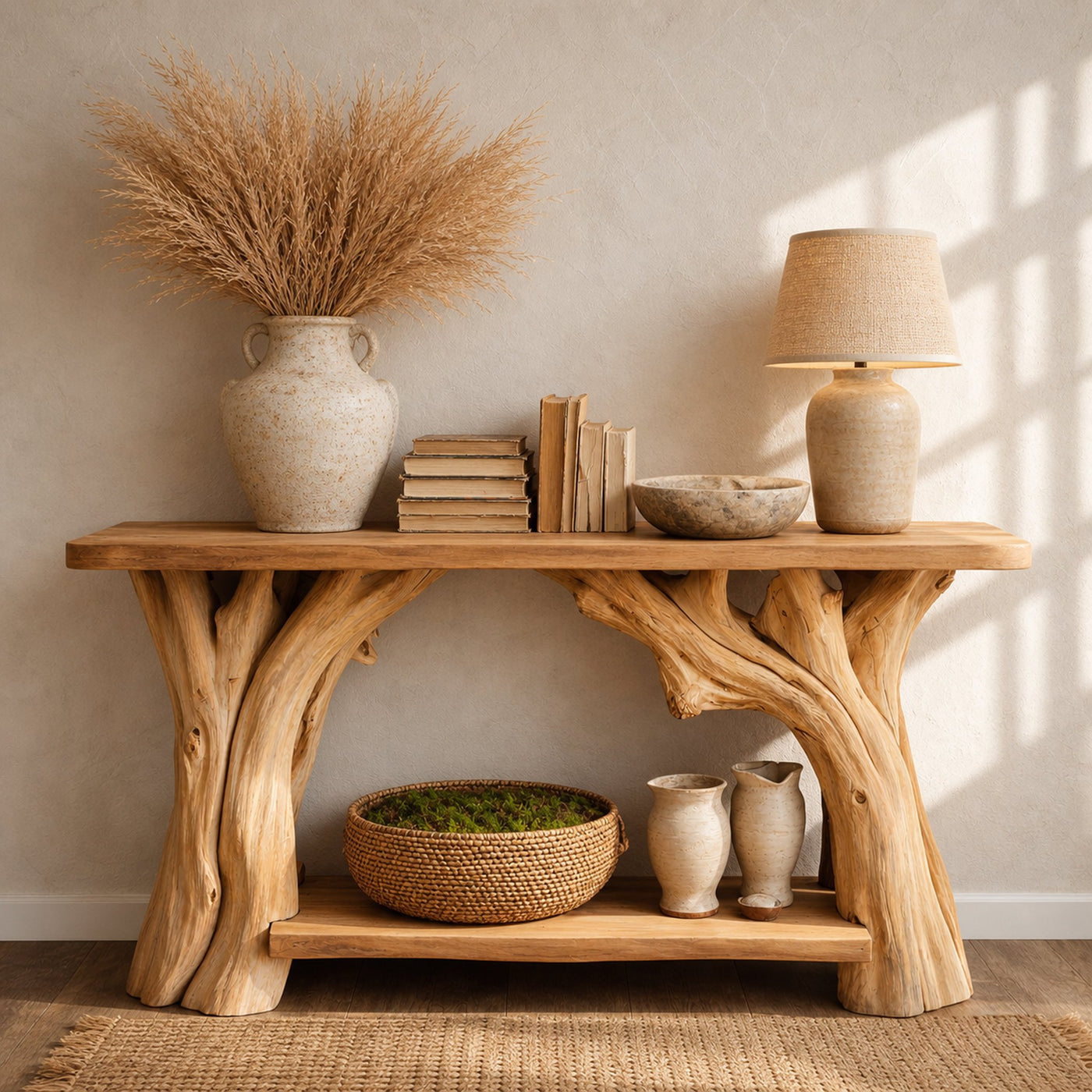 Organic Rustic Console Table Sculptural Tree Legs And Bottom Shelf For Hallway