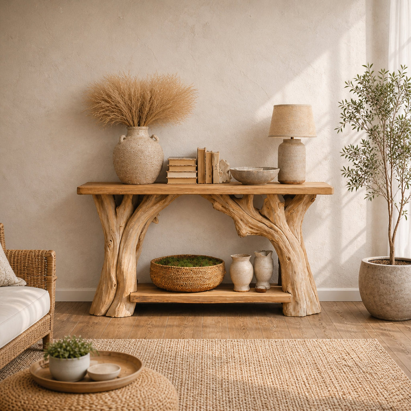Organic Rustic Console Table Sculptural Tree Legs And Bottom Shelf For Hallway - product view 2