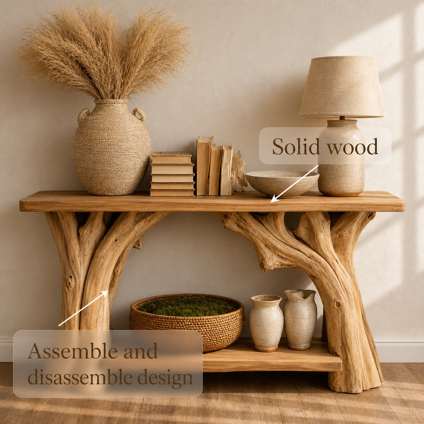 Organic Rustic Console Table Sculptural Tree Legs And Bottom Shelf For Hallway - product view 3