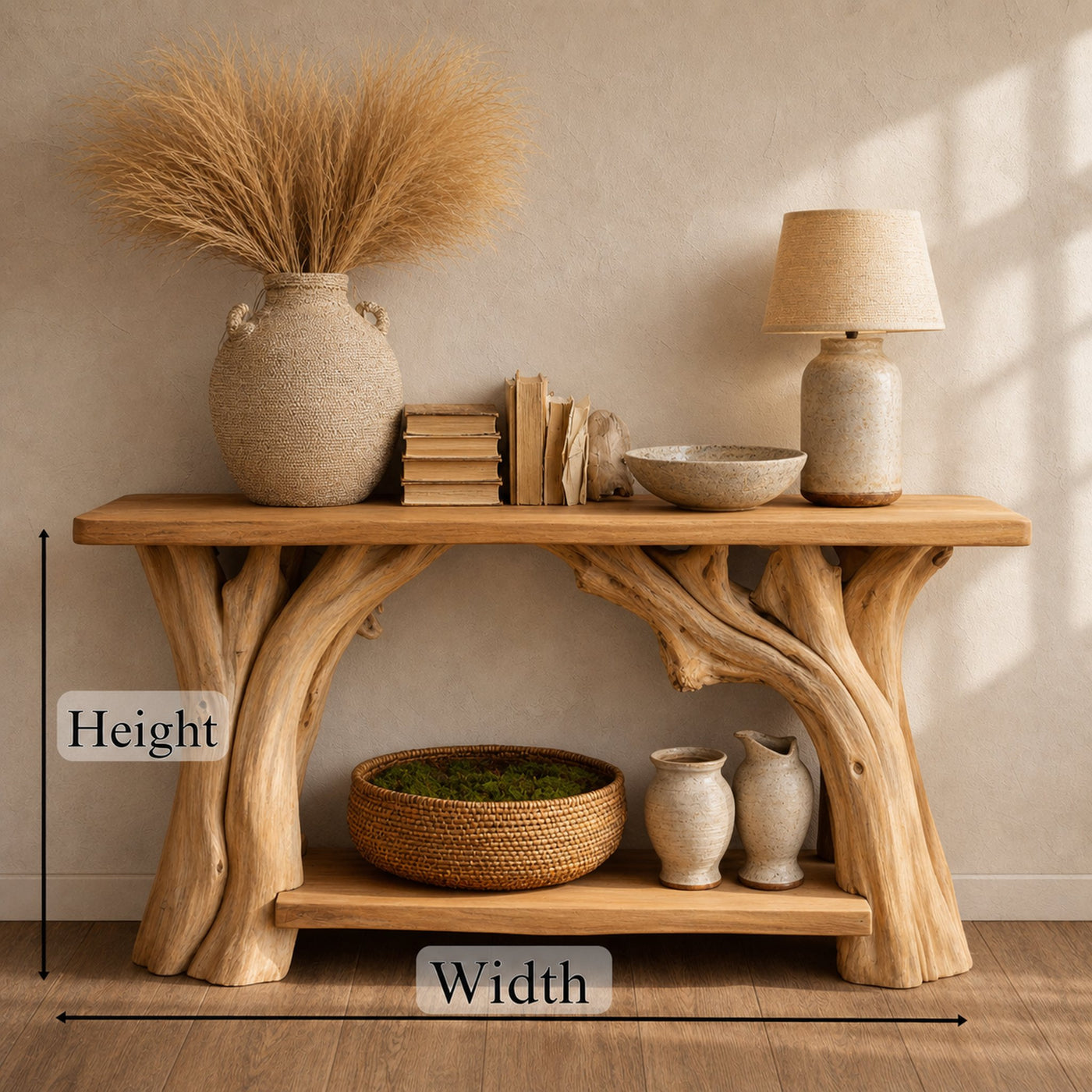 Organic Rustic Console Table Sculptural Tree Legs And Bottom Shelf For Hallway - product view 4