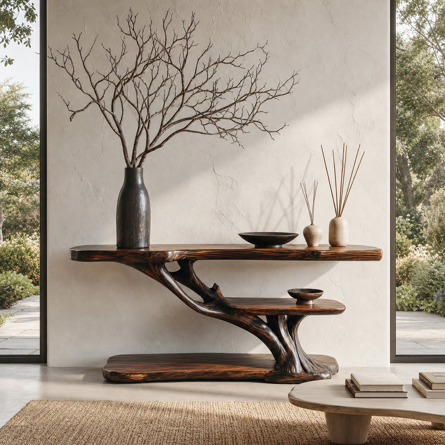 Organic Sculptural Console Table With Handcrafted Wood Base For Hallway