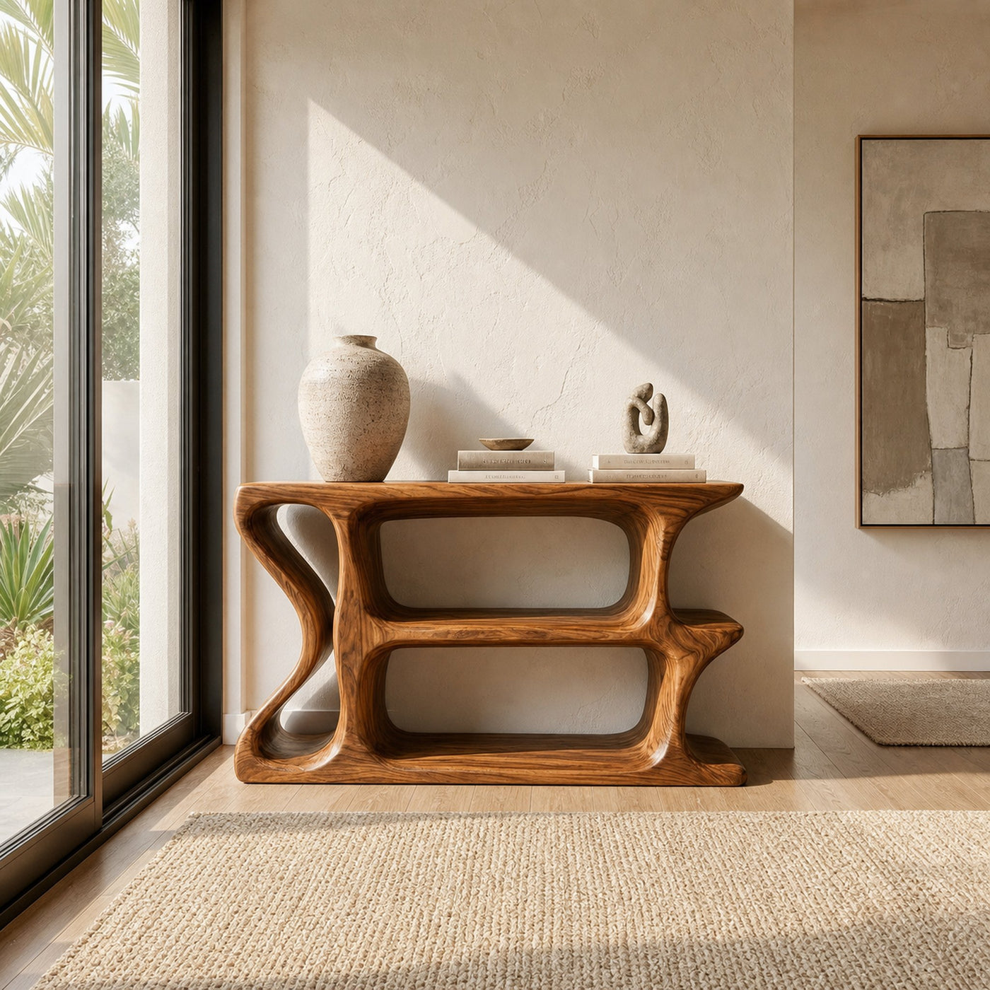 Organic Sculptural Wooden Console Table For Cozy Living Room