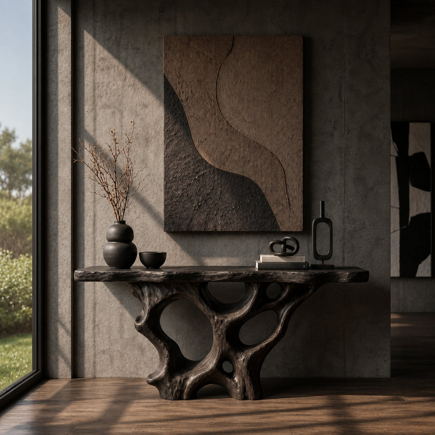 Organic Unique Console Table With Sculptural Natural Wood Base For Living Room