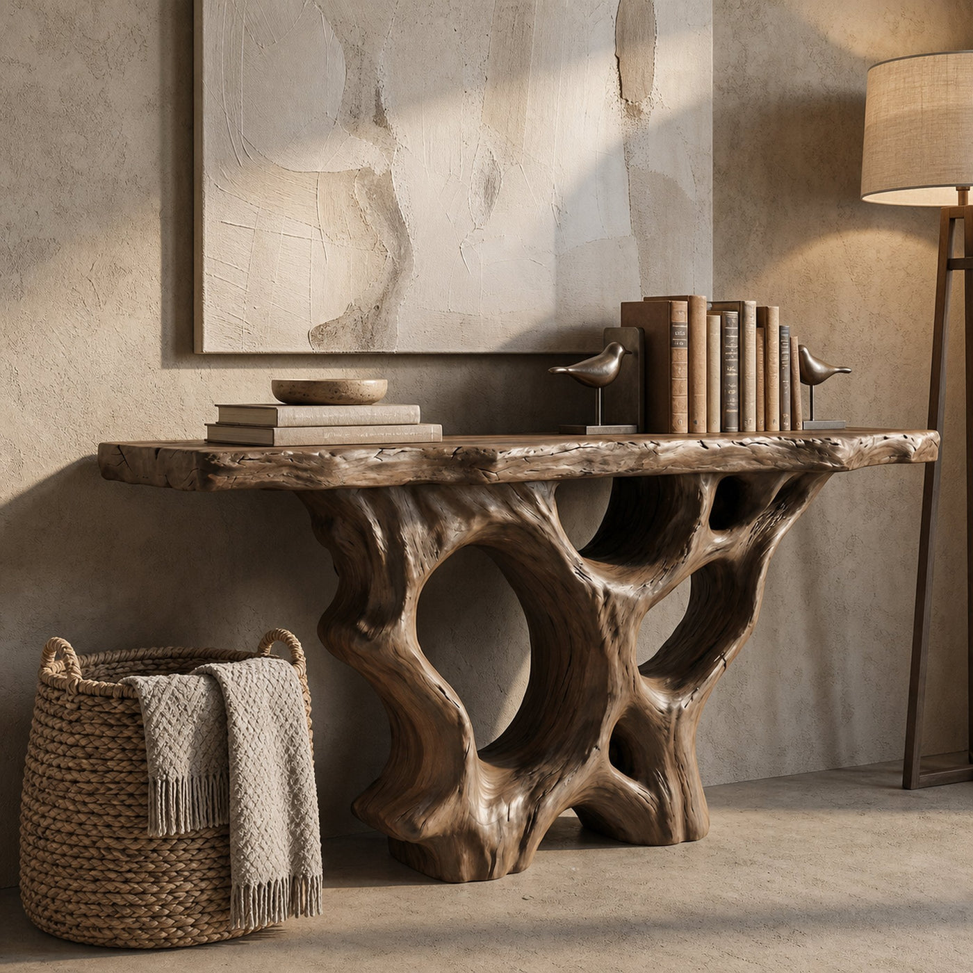 Organic Unique Console Table With Sculptural Natural Wood Base For Living Room - product view 3