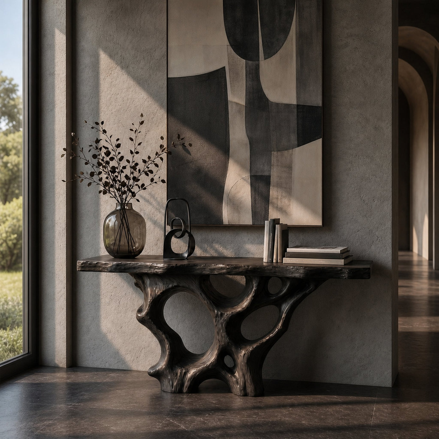 Organic Unique Console Table With Sculptural Natural Wood Base For Living Room - product view 4