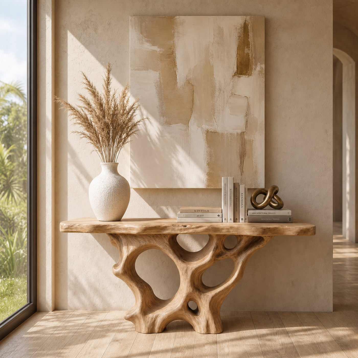 Organic Unique Console Table With Sculptural Natural Wood Base For Living Room - product view 5