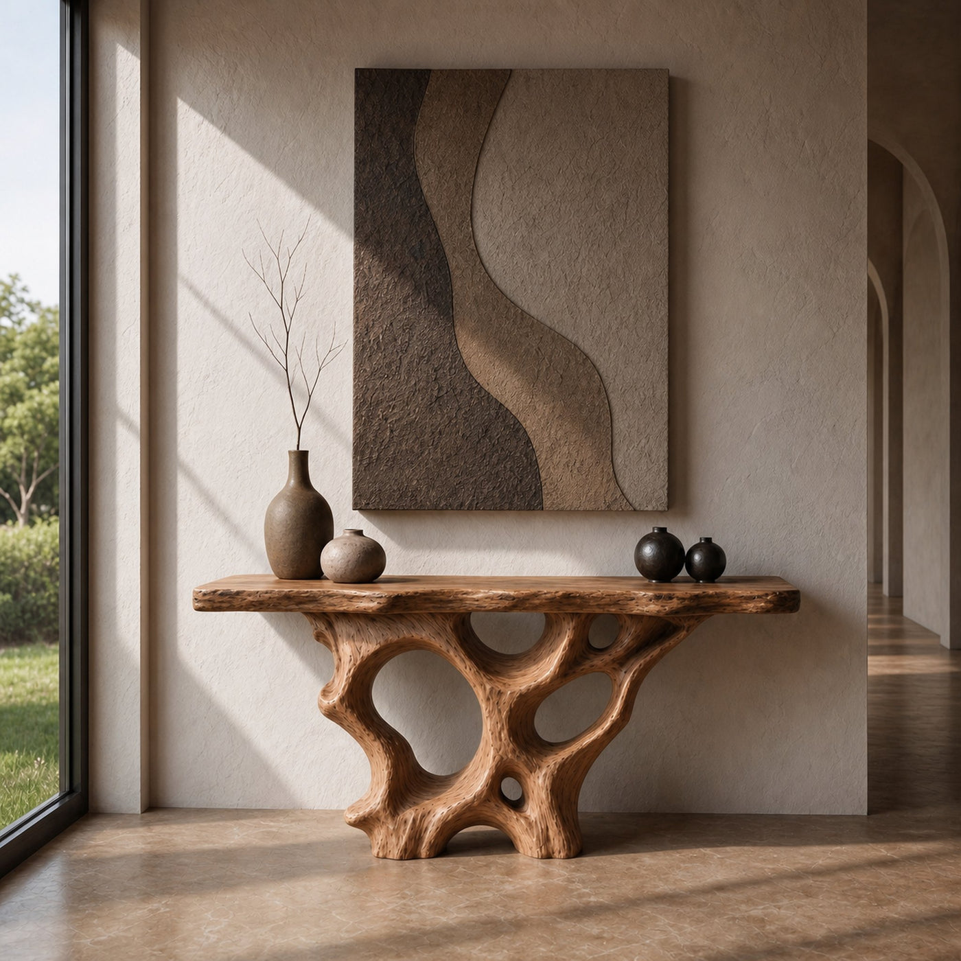Organic Unique Console Table With Sculptural Natural Wood Base For Living Room - product view 6