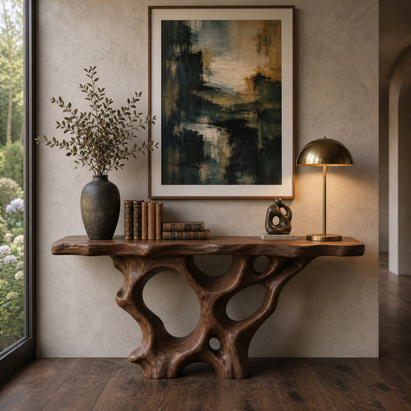Organic Unique Console Table With Sculptural Natural Wood Base For Living Room - product view 7