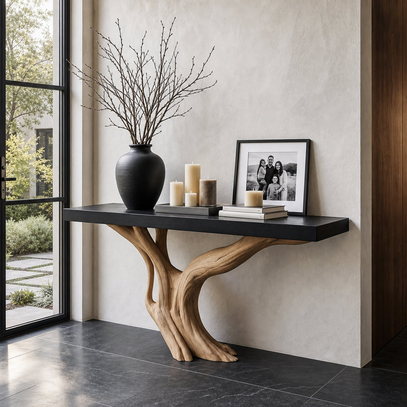 Organic Wall Mounted Console Table With Sculptural Wood Base For Hallway