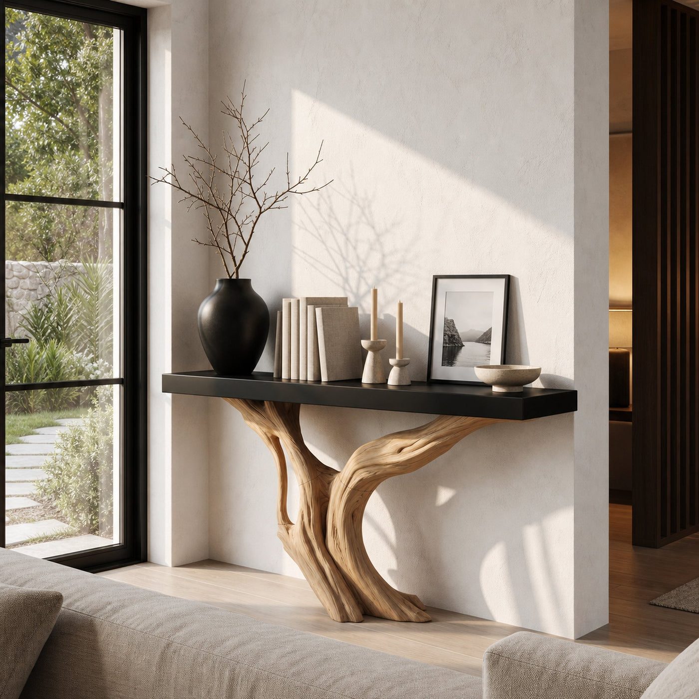 Organic Wall Mounted Console Table With Sculptural Wood Base For Hallway - product view 2